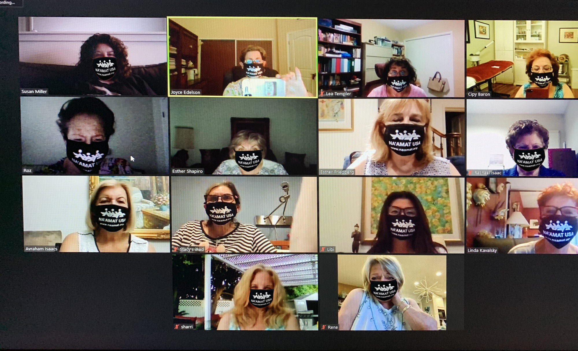 Having a board meeting over zoom, wearing NA'AMAT masks