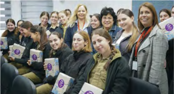 NA’AMAT Israel President Hagit Pe’er and Shirli Shavit, director of the International Department, distributed gift kits to female officers at an IDF Air Force base.